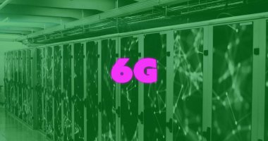 Bilgisayar sunucuları üzerinden 6g metin ve dijital veri işleme ve 6g metin görüntüsü. Dijital olarak oluşturulmuş küresel bağlantılar, hesaplama ve veri işleme kavramı.