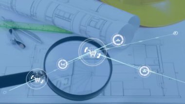 Mimari çizimler yerine simgelerle bağlantı ağının animasyonu. Küresel mülkiyet, finans, iş, bağlantılar, hesaplama ve veri işleme kavramı dijital olarak oluşturulmuş video.