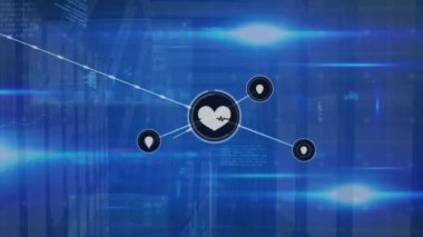 Sunucu odasındaki simgeler ve veri işleme ağı animasyonu. Küresel teknoloji, hesaplama, bağlantılar ve dijital arayüz konsepti dijital olarak oluşturulmuş video.