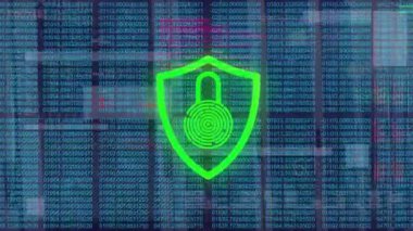 Bilgisayar sunucularında biyometrik parmak izi ve veri işleme animasyonu. Küresel finans, iş, bağlantılar, hesaplama ve veri işleme kavramı dijital olarak oluşturulmuş video.