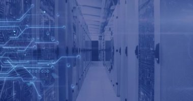 Bilgisayar sunucuları üzerinden veri işleme animasyonu. Küresel finans, iş, bağlantılar, hesaplama ve veri işleme kavramı dijital olarak oluşturulmuş video.