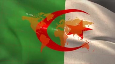 Cezayir bayrağı üzerinde finansal veri işleme animasyonu. Küresel finans, iş, bağlantılar, hesaplama ve veri işleme kavramı dijital olarak oluşturulmuş video.