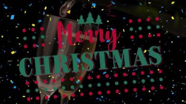 Şampanya bardağının üzerinde mutlu noel mesajı animasyonu. Noel, şenlik, kutlama ve gelenek konsepti dijital olarak oluşturuldu.