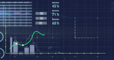 Mavi arka planda finansal veri işleme animasyonu. Küresel finans, iş, bağlantılar, hesaplama ve veri işleme kavramı dijital olarak oluşturulmuş video.