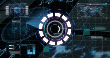 Siyah arkaplanda veri işleme ile tarama alanının animasyonu. Küresel teknoloji, bilgisayar ve dijital arayüz kavramı dijital olarak oluşturulmuş video.