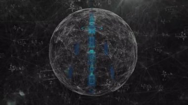 Matematiksel denklemlerin siyah arkaplan üzerindeki animasyonu. Küresel teknoloji, bilgisayar ve dijital arayüz kavramı dijital olarak oluşturulmuş video.