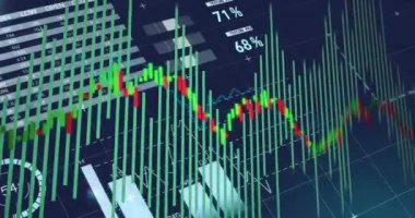 Mavi arka planda finansal veri işleme animasyonu. Küresel finans, iş, bağlantılar, hesaplama ve veri işleme kavramı dijital olarak oluşturulmuş video.