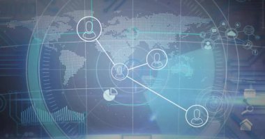 Mavi arkaplandaki dünya haritası üzerindeki bağlantılarla birlikte taramanın animasyonu. Küresel teknoloji, bilgisayar ve dijital arayüz kavramı dijital olarak oluşturulmuş video.