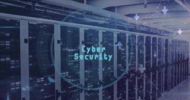 Bilgisayar sunucuları üzerinde arama simgesi ve veri işleme ile kapsamın animasyonu. Küresel siber güvenlik, finans, bulut hesaplama ve veri işleme kavramı dijital olarak oluşturuldu.