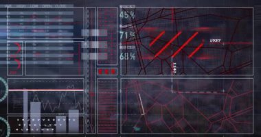 Şehir manzarası üzerinde veri işleme animasyonu. Küresel teknoloji, bilgisayar ve dijital arayüz kavramı dijital olarak oluşturulmuş video.