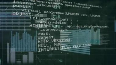 Karanlık arka planda istatistik ve finansal veri işleme animasyonu. Küresel finans, iş, bağlantılar, hesaplama ve veri işleme kavramı dijital olarak oluşturulmuş video.