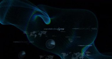 Siyah arkaplandaki şekiller üzerinde veri işleme animasyonları. Küresel teknoloji, bilgisayar ve dijital arayüz kavramı dijital olarak oluşturulmuş video.