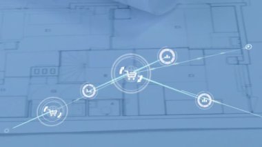 Mimari çizimler yerine simgelerle bağlantı ağının animasyonu. Küresel mülkiyet, finans, iş, bağlantılar, hesaplama ve veri işleme kavramı dijital olarak oluşturulmuş video.