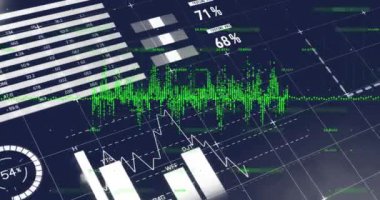 Mavi arka planda finansal veri işleme animasyonu. Küresel finans, iş, bağlantılar, hesaplama ve veri işleme kavramı dijital olarak oluşturulmuş video.