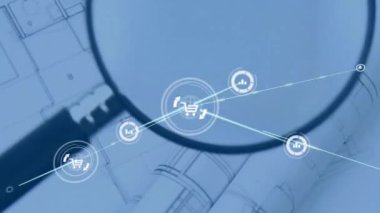 Mimari çizimler yerine simgelerle bağlantı ağının animasyonu. Küresel mülkiyet, finans, iş, bağlantılar, hesaplama ve veri işleme kavramı dijital olarak oluşturulmuş video.