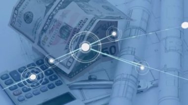 Mimari çizimler üzerinden bağlantılar ve dolar banknotlarının animasyonu. Küresel mülkiyet, finans, iş, bağlantılar, hesaplama ve veri işleme kavramı dijital olarak oluşturulmuş video.