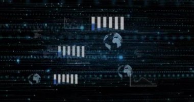 Siyah arkaplandaki ışık noktalarının üzerinde veri işleme animasyonu. Küresel teknoloji, bilgisayar ve dijital arayüz kavramı dijital olarak oluşturulmuş video.