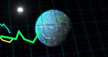 Dünya ve bulutlar üzerinde veri işleme animasyonu. Küresel finans, iş, bağlantılar, bulut hesaplama ve veri işleme kavramı dijital olarak oluşturulmuş video.