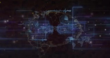 Animation of data processing over digital brain on black background. Global technology, computing and digital interface concept digitally generated video.