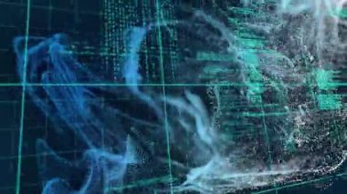 Parlak ışık yollarıyla veri işleme animasyonu. Küresel finans, iş, bağlantılar, hesaplama ve veri işleme kavramı dijital olarak oluşturulmuş video.
