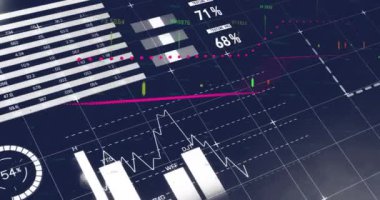 Mavi arka planda finansal veri işleme animasyonu. Küresel finans, iş, bağlantılar, hesaplama ve veri işleme kavramı dijital olarak oluşturulmuş video.