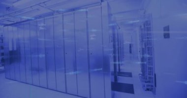 Bilgisayar sunucuları üzerinden veri işleme animasyonu. Küresel finans, iş, bağlantılar, hesaplama ve veri işleme kavramı dijital olarak oluşturulmuş video.