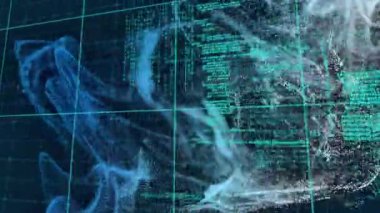 Parlak ışık yollarıyla veri işleme animasyonu. Küresel finans, iş, bağlantılar, hesaplama ve veri işleme kavramı dijital olarak oluşturulmuş video.