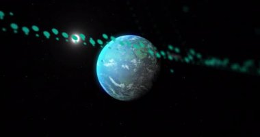 Veri işleme animasyonunun siyah arka planda dünya üzerinde gerçekleşmesi. Küresel finans, iş, bağlantılar, bulut hesaplama ve veri işleme kavramı dijital olarak oluşturulmuş video.