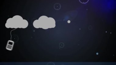 Bulutların teknolojiyle animasyonu, siyah arkaplan üzerindeki bağlantı ağı üzerinden. Dijital olarak oluşturulmuş küresel bağlantılar, bilgisayar ve dijital arayüz kavramı.