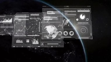 Karanlık arka planda finansal veri işleme animasyonu. Küresel finans, iş, bağlantılar, hesaplama ve veri işleme kavramı dijital olarak oluşturulmuş video.