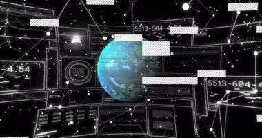 Dünya ve ekranlarda veri işleme animasyonu. Küresel finans, iş, bağlantılar, bulut hesaplama ve veri işleme kavramı dijital olarak oluşturulmuş video.