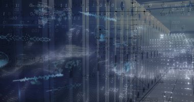 Sunucu odasında veri işleme resmi. Küresel iş ve dijital arayüz kavramı, dijital olarak oluşturulmuş görüntü.