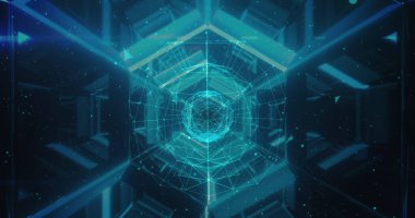 Neon ışıklardan yapılmış hareket eden altıgen tünelinin üzerindeki noktalar ve bağlantılar. Ağ, bağlantılar, iletişim ve teknoloji konsepti, dijital olarak oluşturulmuş resim.