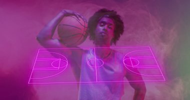 Image of pink basketball court over african american male basketball player holding ball. Sport, competition, confidence, digital interface, data and communication digitally generated image. clipart