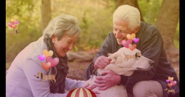 Image of dogs and balloons over happy senior couple petting dog in park. retirement lifestyle, spending time together concept, digitally generated image. clipart