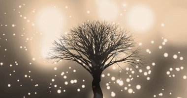 A bare tree amid glowing lights, creating serene atmosphere. Soft golden hues and twinkling spots enhancing tranquil scene clipart