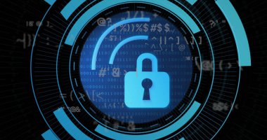 Siyah arkaplandaki sembollerin değişmesi üzerine, yuvarlak tarayıcıdaki asma kilit görüntüsü. Siber güvenlik ve iş teknolojisi kavramı