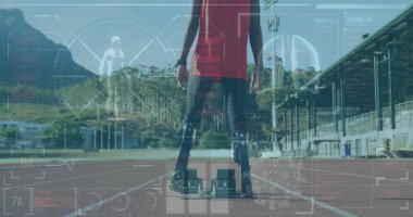 Spor sahasında protez bacaklı erkek sporcunun tıbbi işlemleri. Spor ve teknoloji kavramı