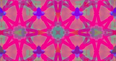 Image of kaleidoscopic colourful pink, green and yellow shapes moving hypnotically on purple background. Colour, light and movement concept digitally generated image