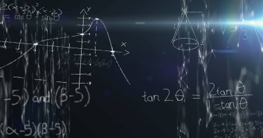 Matematiksel denklemlerin resmi ve kara arkaplan üzerindeki bağlantılar. Küresel eğitim, bilim ve dijital arayüz kavramı, dijital olarak oluşturulmuş görüntü.