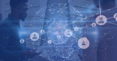 İki farklı iş adamından oluşan bağlantılar ve simgeler. Küresel bağlantılar, veri işleme ve dijital arayüz kavramı, dijital olarak oluşturulmuş resim.