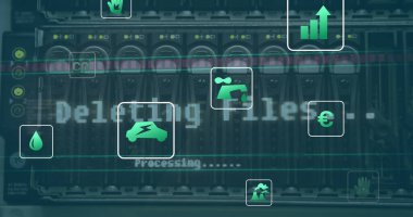Bilgisayar sunucuları üzerinden ekolojik simgelerin ve veri işlemenin resmi. Küresel hesaplama, dijital arayüz ve veri işleme kavramı, dijital olarak oluşturulmuş resim.
