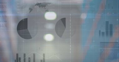 Bulanık arkaplanda veri işleme resmi. Küresel iş ve dijital arayüz kavramı, dijital olarak oluşturulmuş görüntü.