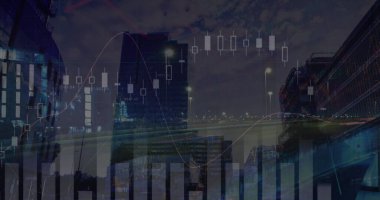 Grafik, küre, bilgisayar dili, binalara karşı araçların hızlandırılmış görüntüsü. Dijital bileşik, çoklu pozlama, rapor, iş dünyası, küreselleşme, mimari, kodlama, teknoloji.