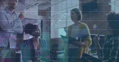 Ofisteki çeşitli meslekdaşların istatistik ve veri işleme görüntüleri. küresel ağ ve dijital iletişim teknolojisi kavramı, dijital olarak oluşturulmuş görüntü.