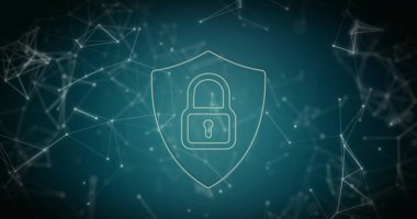Mavi arkaplandaki bağlantı ağının üzerindeki asma kilit simgesinin resmi. Küresel teknoloji, çevrimiçi güvenlik ve dijital arayüz kavramı, dijital olarak oluşturulmuş görüntü.