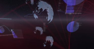 Küresel görüntüler, programlama dili, soyut desen oluşturan kırmızı noktaların üzerindeki çubuk grafiği. Dijital olarak üretilmiş, hologram, küreselleşme, kodlama, rapor, teknoloji ve finans kavramı.