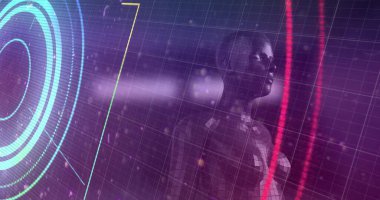 Kapsam taraması ve insan vücudu üzerindeki veri işleme görüntüsü. Küresel bilim, araştırma, dijital arayüz ve veri işleme kavramı, dijital olarak oluşturulmuş görüntü.