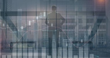 İş adamları üzerinden finansal veri işleme görüntüsü. Küresel iş bağlantıları ve veri işleme kavramı, dijital olarak oluşturulmuş resim.