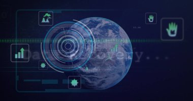 Image of processing circle, data and globe on black background. Global data processing, digital screen and technology concept, digitally generated image. clipart